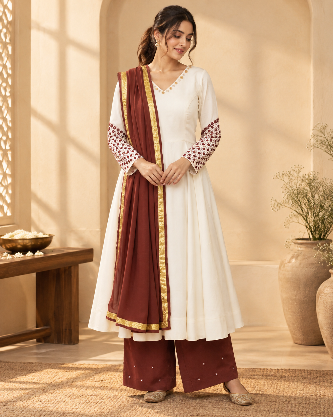 Woman in a pink Libas Point kurta set beside a carved doorway in a Jaipur haveli