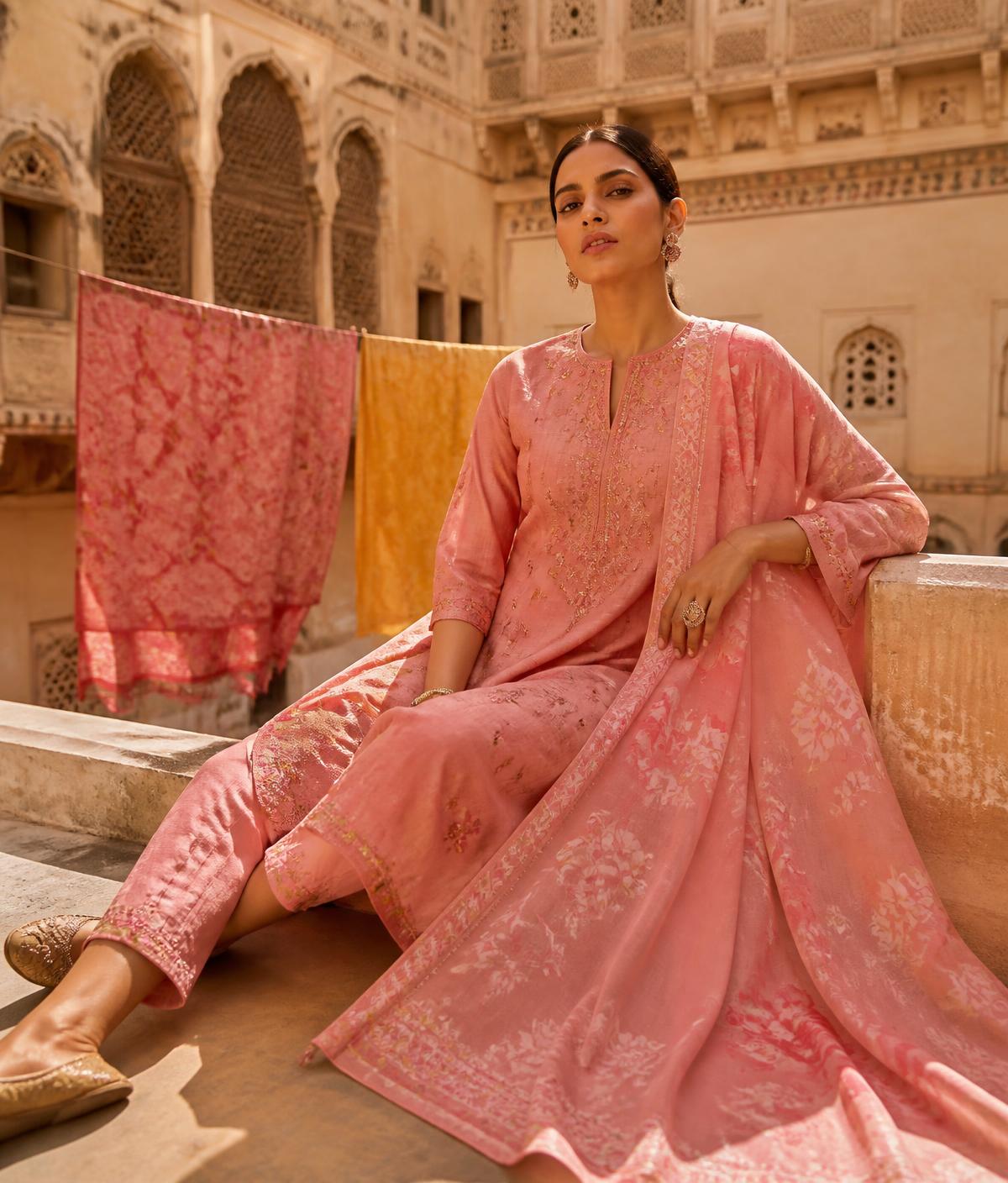 Model in a sun-washed pink suit set seated in a Jaipur haveli courtyard