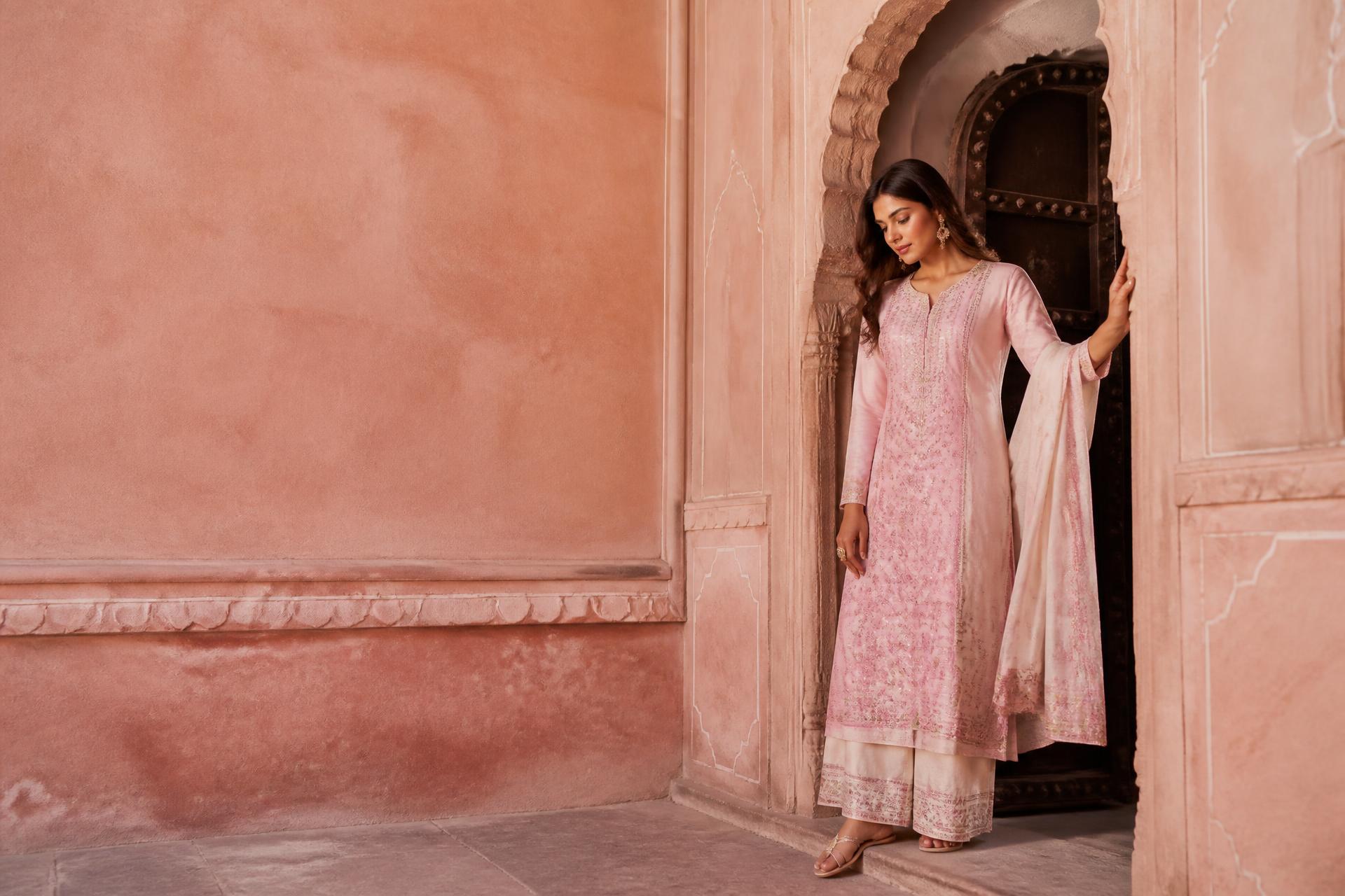 Woman in a pink Libas Point kurta set beside a carved doorway in a Jaipur haveli